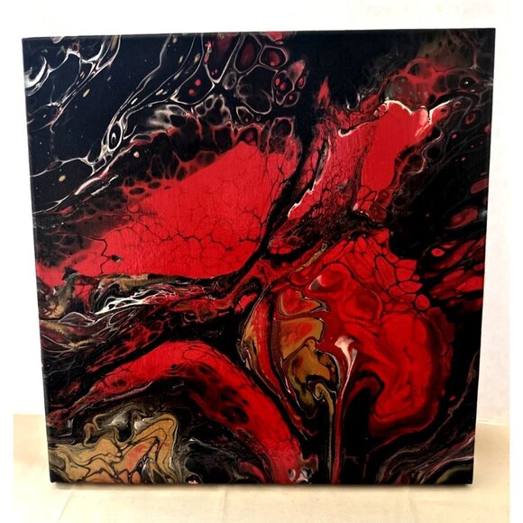 Unknown Artist Other - Original Handmade Acrylic Pour Art Painting Black Red 12"x12"
